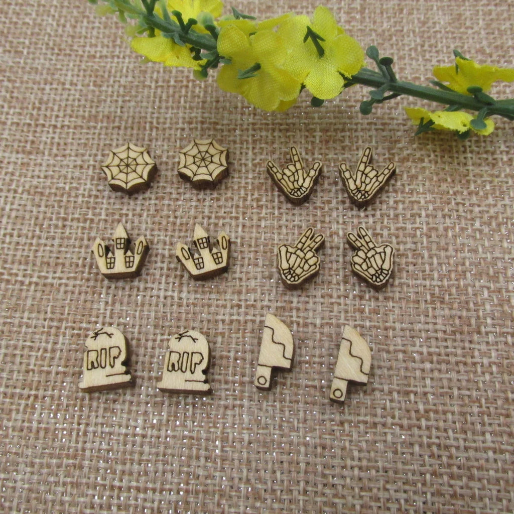 5 Pair Unfinished Blank Wooden Halloween Skeleton Peace Cabochon Spider Knife Post Haunted House Tombstone Wood Earrings Stud