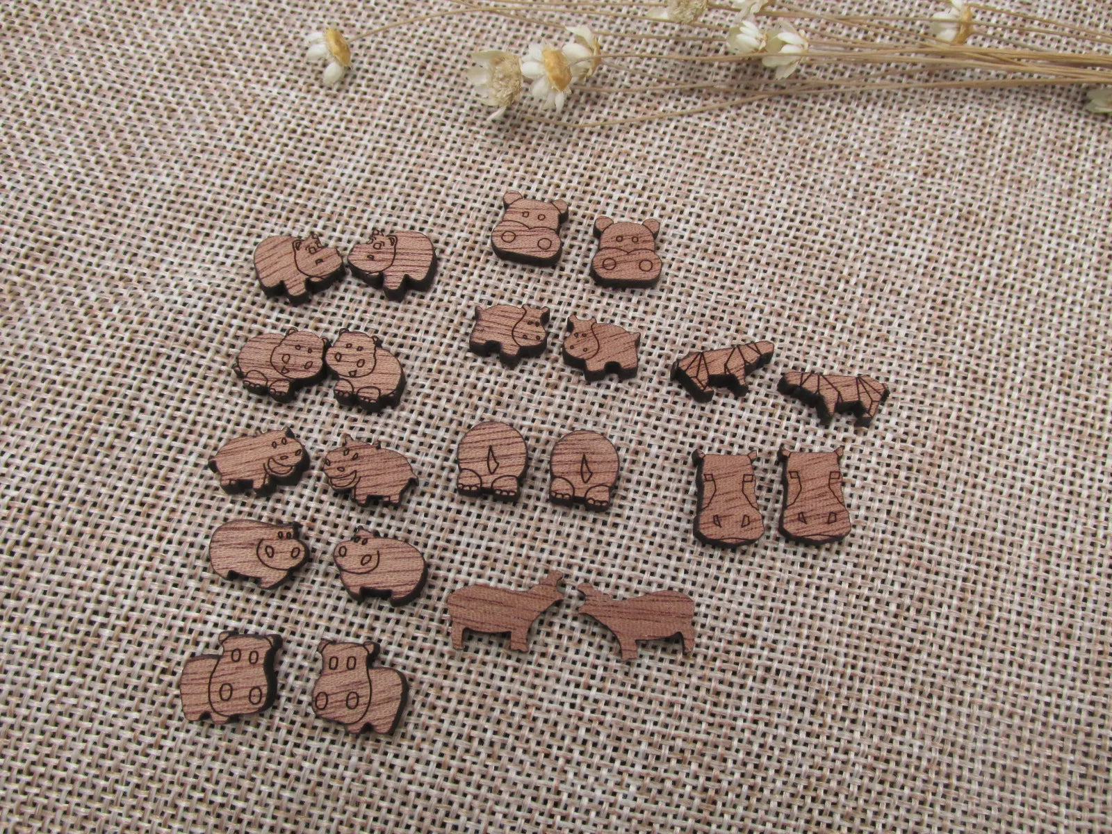 5 Pair Unfinished Laser Cut Blank Wlid Animal Wooden Hippo Cabochon Charms Wood Shape Cutouts For DIY Craft  Earring Stud