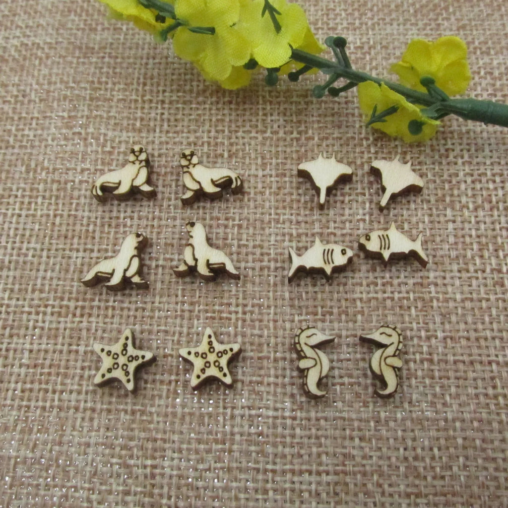 5 Pair Unfinished Blank Wooden Ocean Cabochon Sea Lion Seahorse Walrus Post Starfish Shark Stingray Wood Earrings Stud