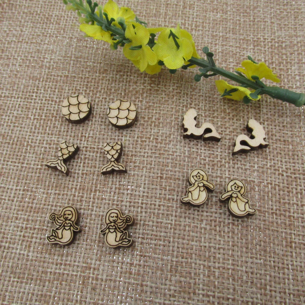5Pair Unfinished Blank Wood Summer Mermaid Cabochon Beach Mermaid Tail Post Earrings Stud Jewerly Findings