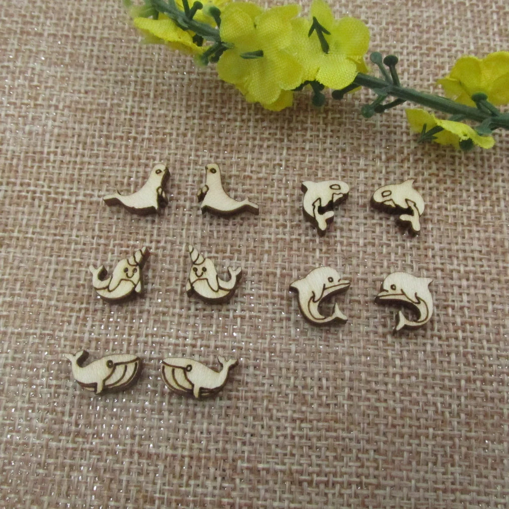 5 Pair Unfinished Blank Wooden Under The Sea Ocean Narwhal Dolphin Post Beluga Orca Whale Wood Earrings Stud