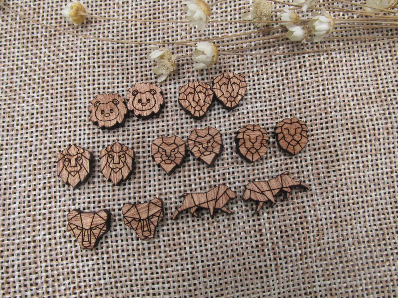 5 Pair Unfinished Woodland Blank Wild Animal Wooden Lion Cabochon Charms Wood Shape Cutouts For DIY Craft  Earring Stud