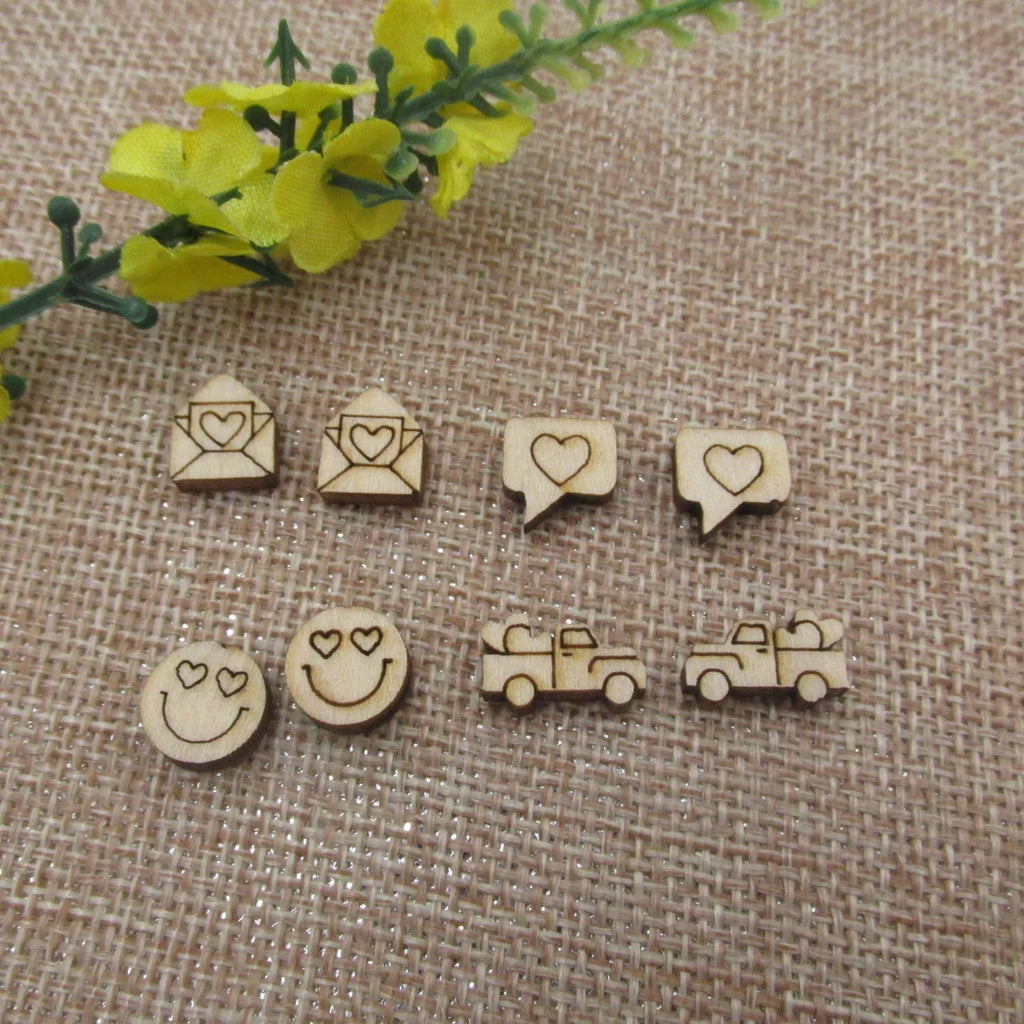 5 Pair Unfinished Blank Wooden Cabochon Valentines Day Truck Happy Face Speech Bubble Post Love Letter Wood Earrings Stud